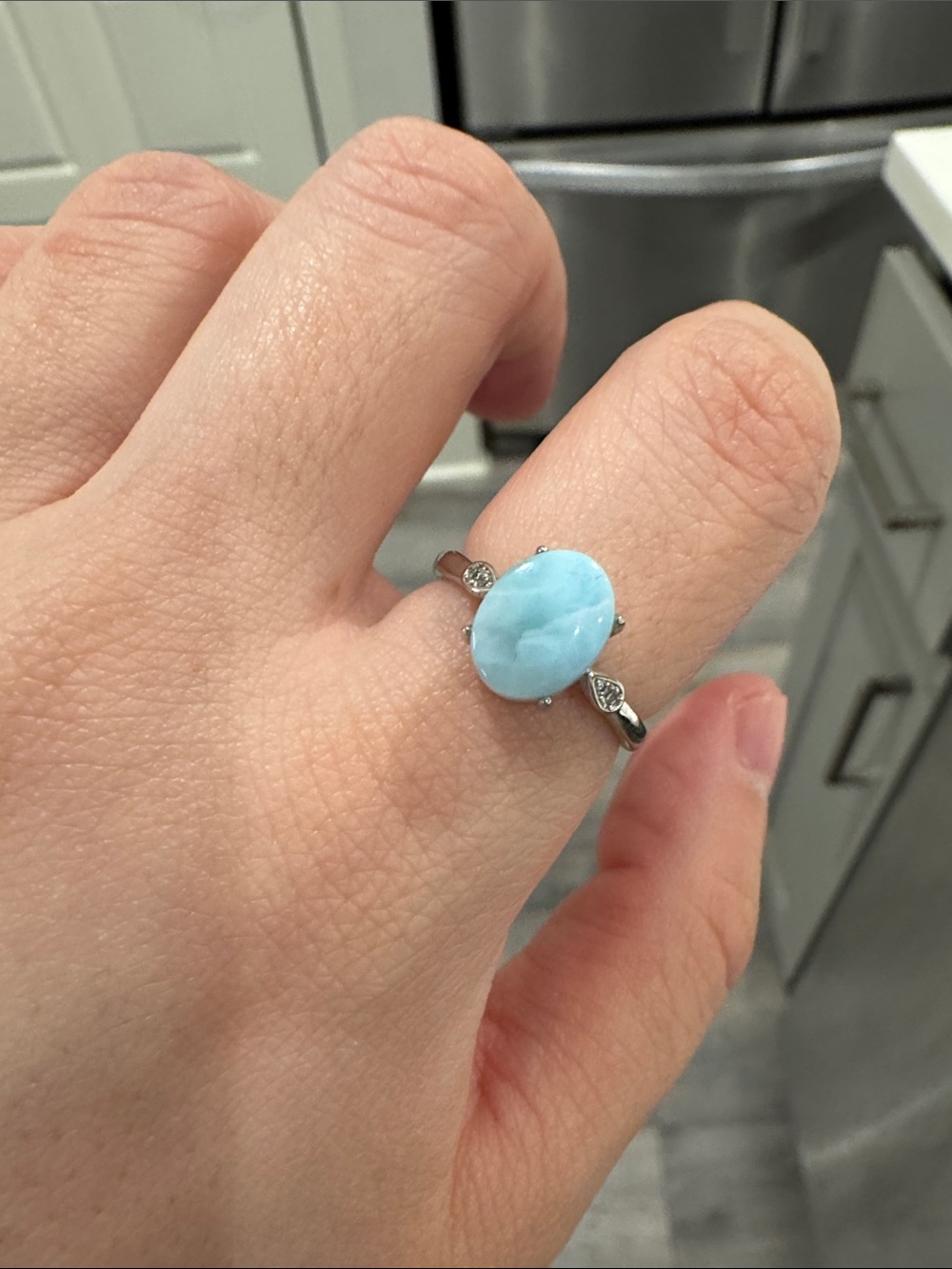 Natural Larimar Adjustable Ring Silver Tone Oval Blue Gemstone
